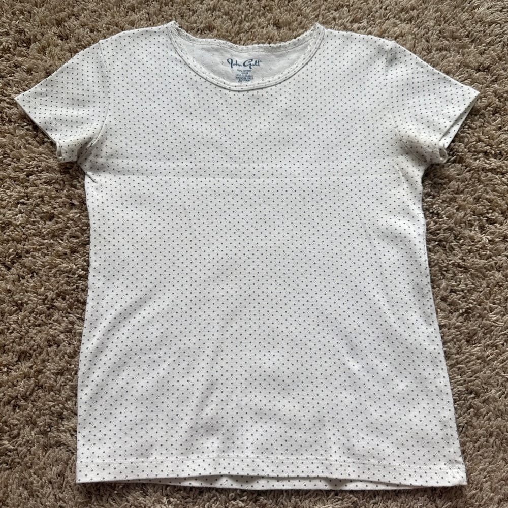 John Galt Brandy Melville White Polka Dot Pointelle Lace Trim Tee Made in Italy